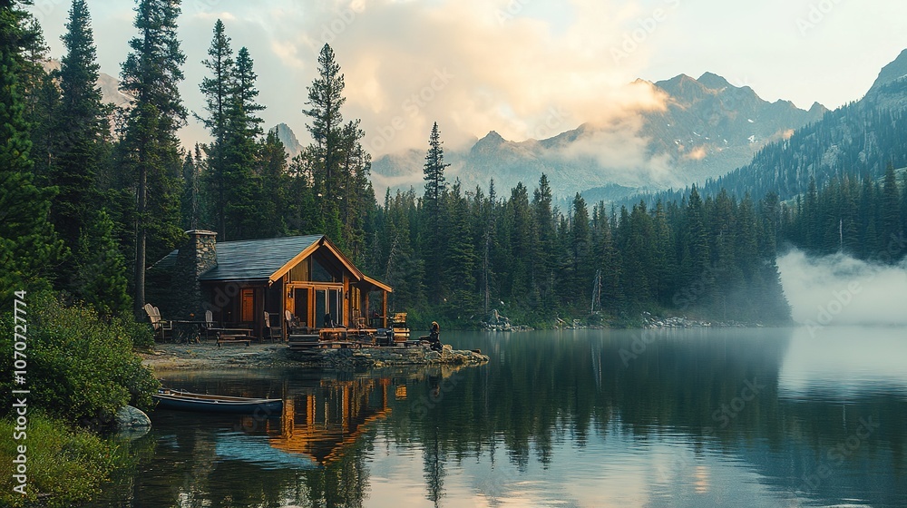 Fototapeta premium A vacation to a remote mountain lodge, with travelers enjoying hiking, fishing, and canoeing.