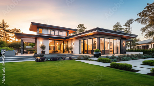 Newly Built Beautiful House At Sunset
