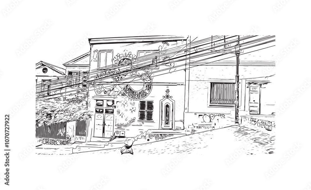 Print Building view with landmark of Valparaiso is a city in United States. Watercolor splash with hand drawn sketch illustration in vector.