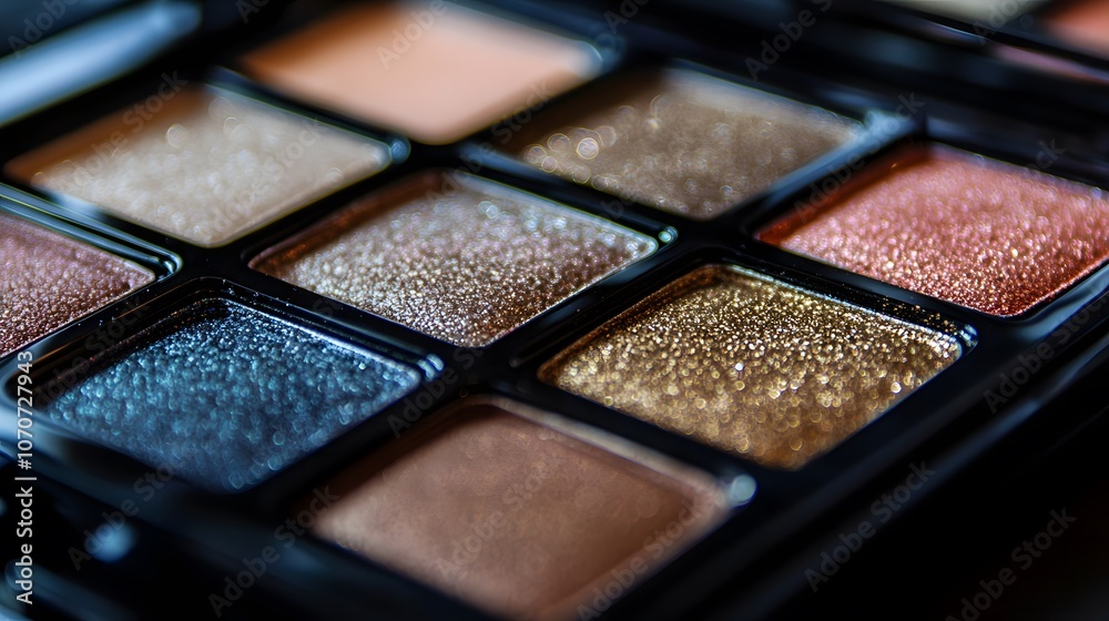 Close-up of a Palette of Shimmery Eyeshadows Mockup product presentation. Close-up of a Palette of Shimmery Eyeshadows Mockup product presentation.