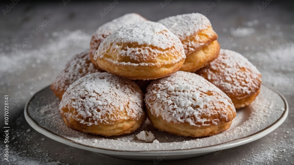 A plate of powdered sugar-dusted pastries stacked together, inviting and delicious. A plate of powdered sugar-dusted pastries stacked together, inviting and delicious.