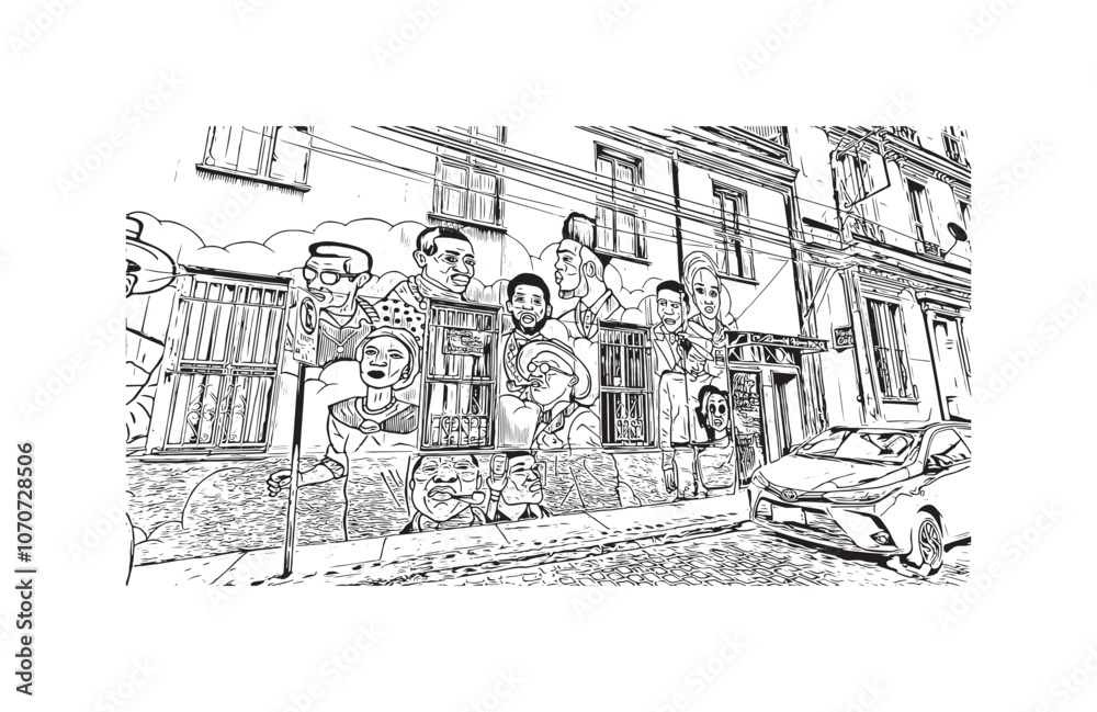 Print Building view with landmark of Valparaiso is a city in United States. Watercolor splash with hand drawn sketch illustration in vector.