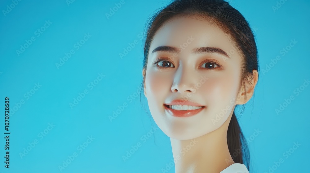 A young Thai beauty with smooth skin and an effortless smile, looking confident against a solid blue backdrop, perfect for beauty and cosmetic brand promotions. A young Thai beauty with smooth skin and an effortless smile, looking confident against a solid blue backdrop, perfect for beauty and cosmetic brand promotions.