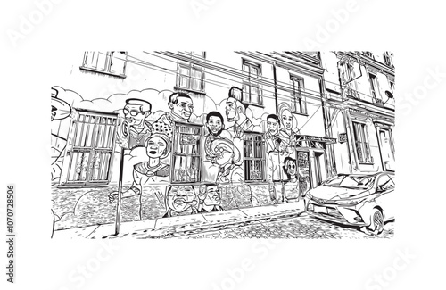 Obraz na płótnie Print Building view with landmark of Valparaiso is a city in United States. Watercolor splash with hand drawn sketch illustration in vector. w salonie