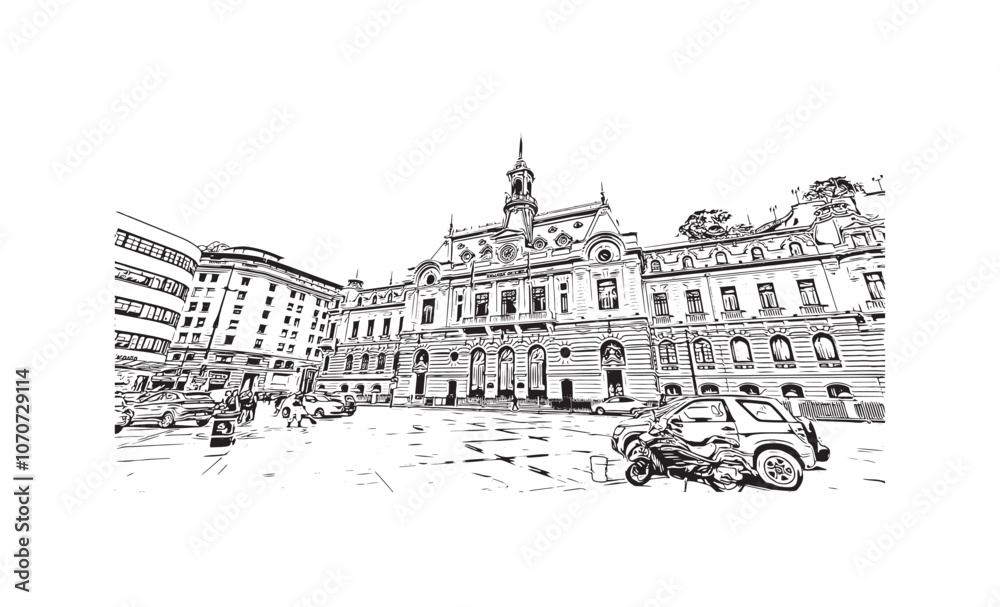 Print Building view with landmark of Valparaiso is a city in United States. Watercolor splash with hand drawn sketch illustration in vector.