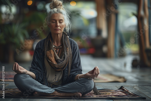 person sitting on the ground, doing yoga . wellness and selfcare, mindfulness. still Ife. woman makes yoga, sitting in yoga pose, relaxing. AI Generated