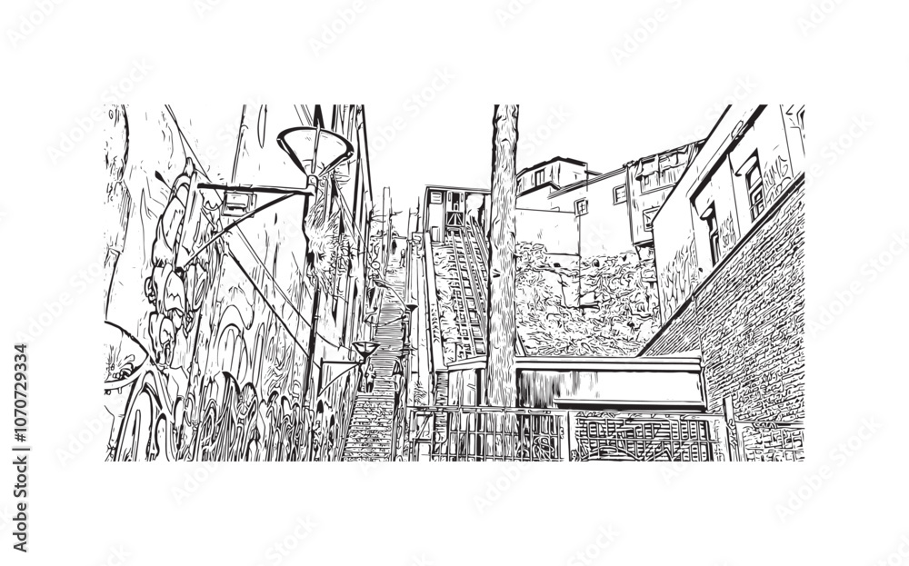 Print Building view with landmark of Valparaiso is a city in United States. Watercolor splash with hand drawn sketch illustration in vector.
