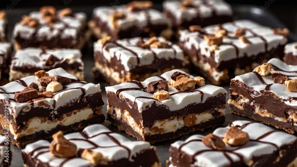 A close-up of delicious chocolate dessert squares topped with marshmallow and nuts. A close-up of delicious chocolate dessert squares topped with marshmallow and nuts.