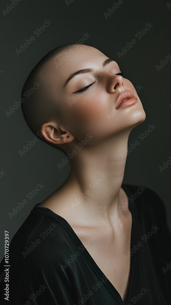 A serene portrait of a person with a shaved head, indoors, showcasing elegance and confidence A serene portrait of a person with a shaved head, indoors, showcasing elegance and confidence