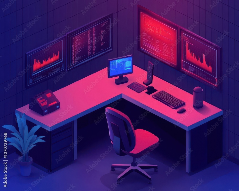 Futuristic isometric research lab, hightech details, digital displays on walls Futuristic isometric research lab, hightech details, digital displays on walls