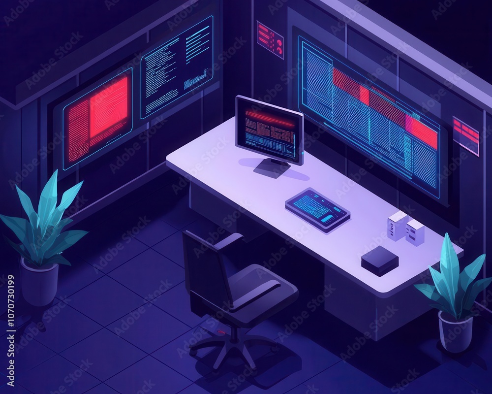 Futuristic isometric research lab, hightech details, digital displays on walls Futuristic isometric research lab, hightech details, digital displays on walls