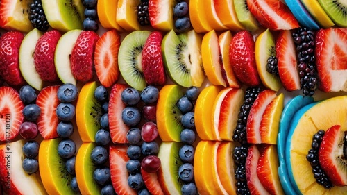 A vibrant arrangement of various sliced fruits, showcasing colors and textures for a healthy display.