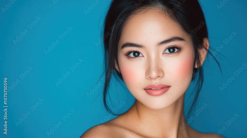 A young Thai woman with radiant skin and an inviting smile, looking confident in front of a blue background, perfect for showcasing cosmetic products. A young Thai woman with radiant skin and an inviting smile, looking confident in front of a blue background, perfect for showcasing cosmetic products.
