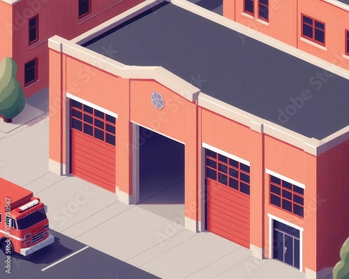 Isometric fire station, red garage doors, fire trucks outside, communitycentered vibe photo