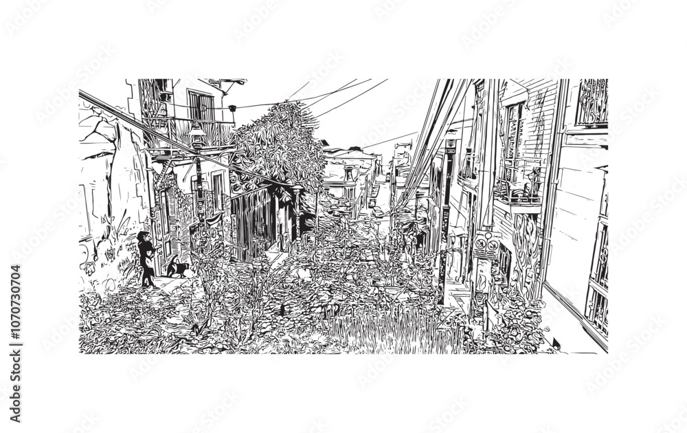 Print Building view with landmark of Valparaiso is a city in United States. Watercolor splash with hand drawn sketch illustration in vector.