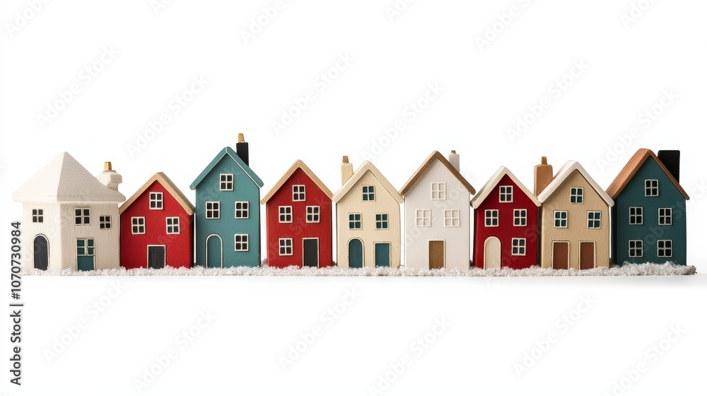Row of Colorful Wooden Toy Houses on White Background. Row of Colorful Wooden Toy Houses on White Background.