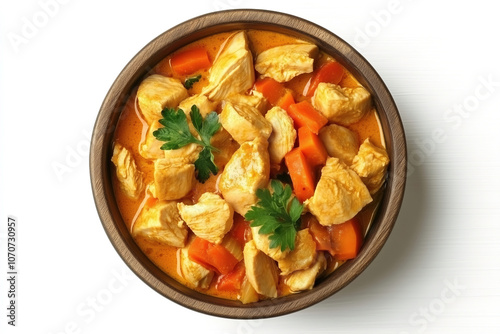 Delicious chicken curry with carrots and herbs served in a rustic bowl, perfect for a cozy evening meal at home. Generative AI