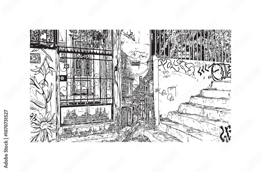 Print Building view with landmark of Valparaiso is a city in United States. Watercolor splash with hand drawn sketch illustration in vector.
