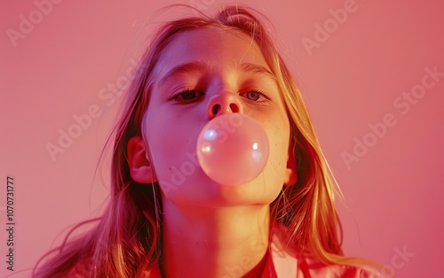 Blonde girl blowing pink bubble gum, vibrant luminescent studio background, modern fashion poster. Teenage model looking at camera, igen teenager, trendy glow 90s Y2K millenium 2000s nostalgia concept photo