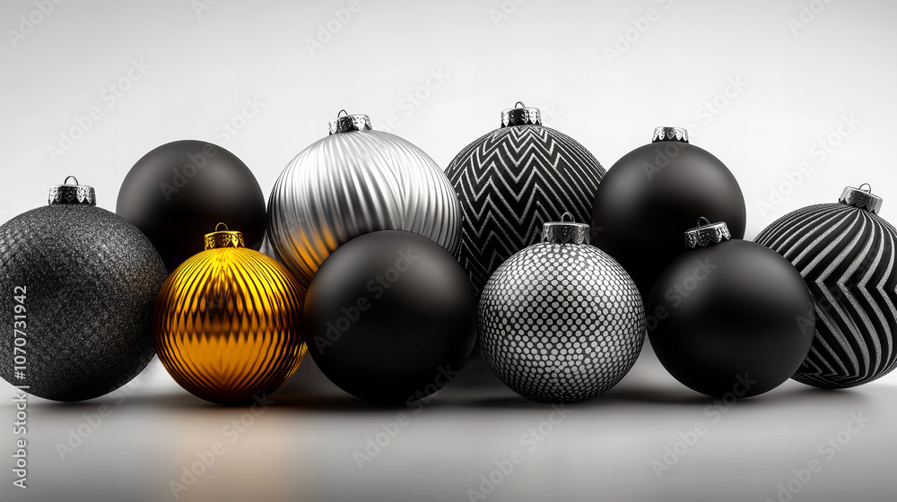 Decorative black and silver Christmas ornaments arranged creatively against a light background Decorative black and silver Christmas ornaments arranged creatively against a light background