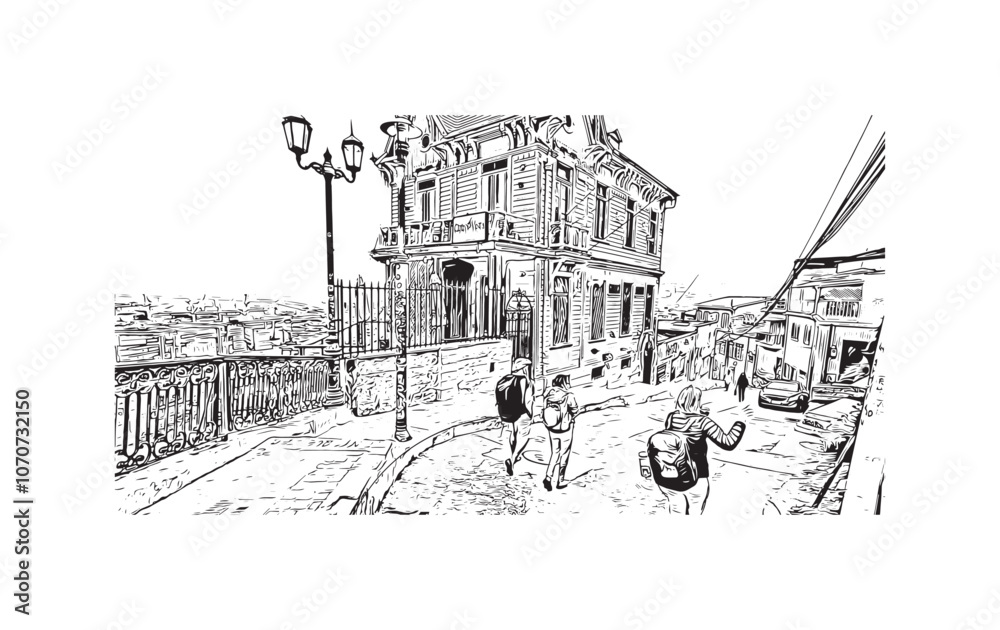 Print Building view with landmark of Valparaiso is a city in United States. Watercolor splash with hand drawn sketch illustration in vector.