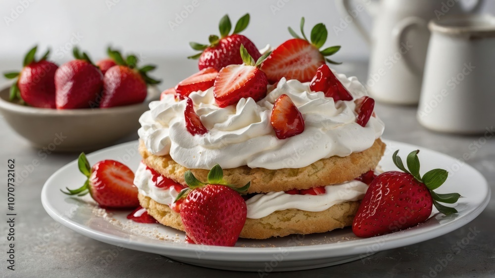 A delicious dessert featuring layers of whipped cream and fresh strawberries on a cake. A delicious dessert featuring layers of whipped cream and fresh strawberries on a cake.