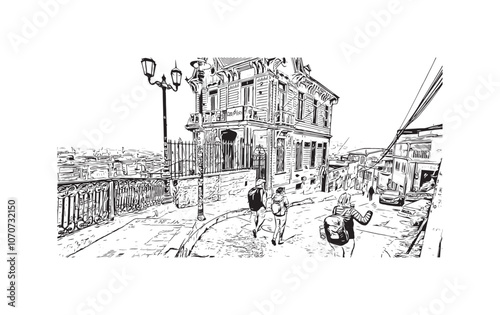 Obraz na płótnie Print Building view with landmark of Valparaiso is a city in United States. Watercolor splash with hand drawn sketch illustration in vector. w salonie