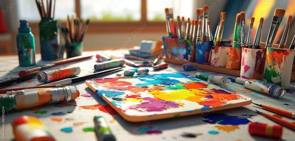 An artist's workstation filled with an array of paint tubes, brushes, and a messy palette with colorful ink splatters on a table. An artist's workstation filled with an array of paint tubes, brushes, and a messy palette with colorful ink splatters on a table.