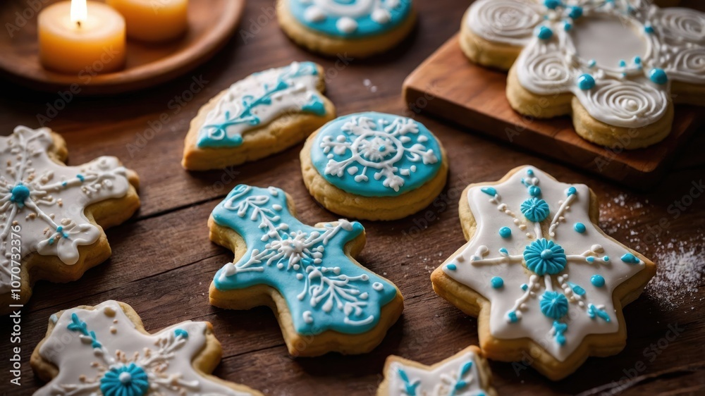 Decorative cookies with blue icing and intricate designs on a wooden table. Decorative cookies with blue icing and intricate designs on a wooden table.