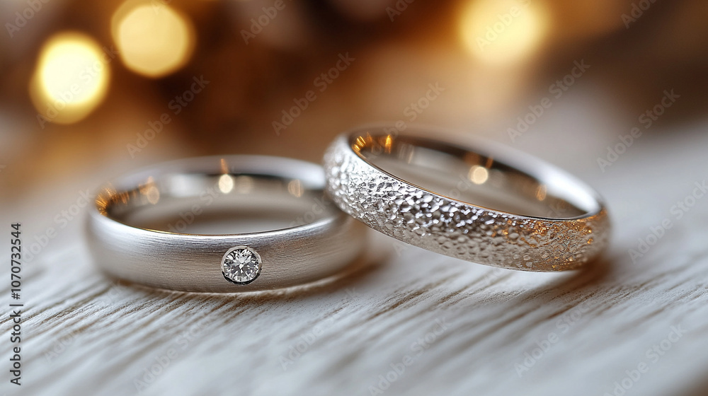 pair of silver wedding rings rests on a white wooden surface, symbolizing love, commitment, and the lifelong journey shared between two people in a timeless bond pair of silver wedding rings rests on a white wooden surface, symbolizing love, commitment, and the lifelong journey shared between two people in a timeless bond