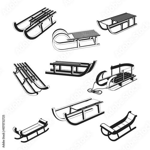 Wooden Sleigh silhouette vector symbol set. Winter sledge for children icon collection. Sled SVG Silhouette,
