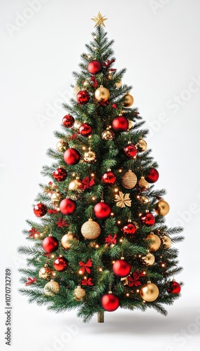 Beautiful christmas tree standing with red and gold baubles and fairy lights