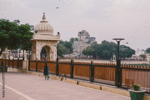 Lakhota lake and Palace museum from the Ranmal Lake Park, in Jamnagar, Gujarat, India photo