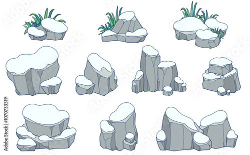 岩に積もった雪の手描きイラストセット