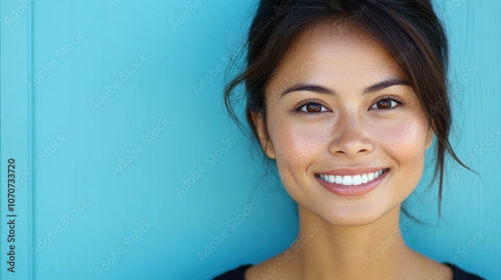 Close-up portrait of a smiling Thai woman with brown eyes and glowing skin, against a clean blue background, ideal for adding beauty-related text or slogans. Close-up portrait of a smiling Thai woman with brown eyes and glowing skin, against a clean blue background, ideal for adding beauty-related text or slogans.