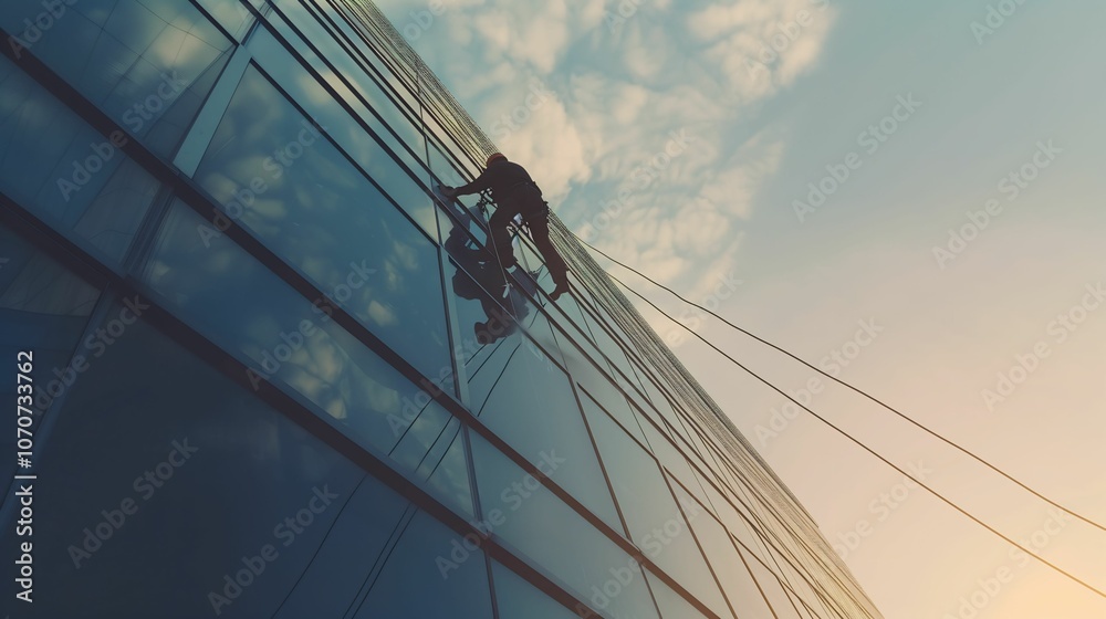 Window Cleaner Working on High Rise Building Window Cleaner Working on High Rise Building