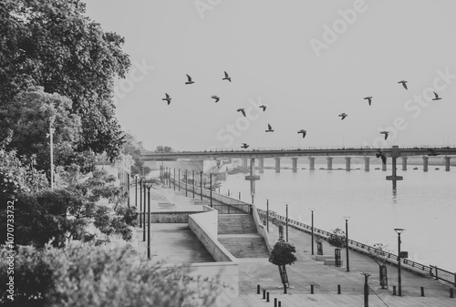 Photography Black and white photos of Ahmedabad's (Gujarat, India) waterfront on the banks of river Sabarmati during dawn, just before sunrise