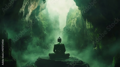 A serene figure meditating in a mystical green landscape, surrounded by mist and towering cliffs.