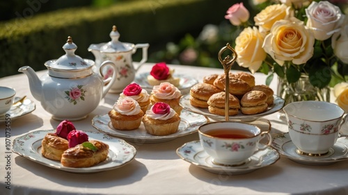 A charming afternoon tea setting with pastries and a floral centerpiece.