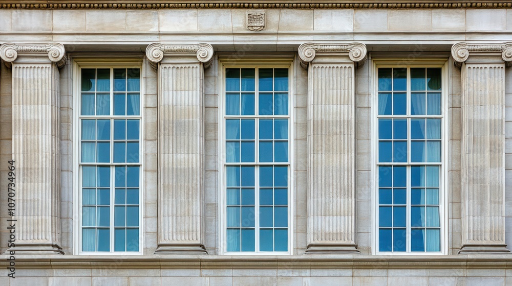 Four windows with ornate stone columns on a classic building facade. Four windows with ornate stone columns on a classic building facade.