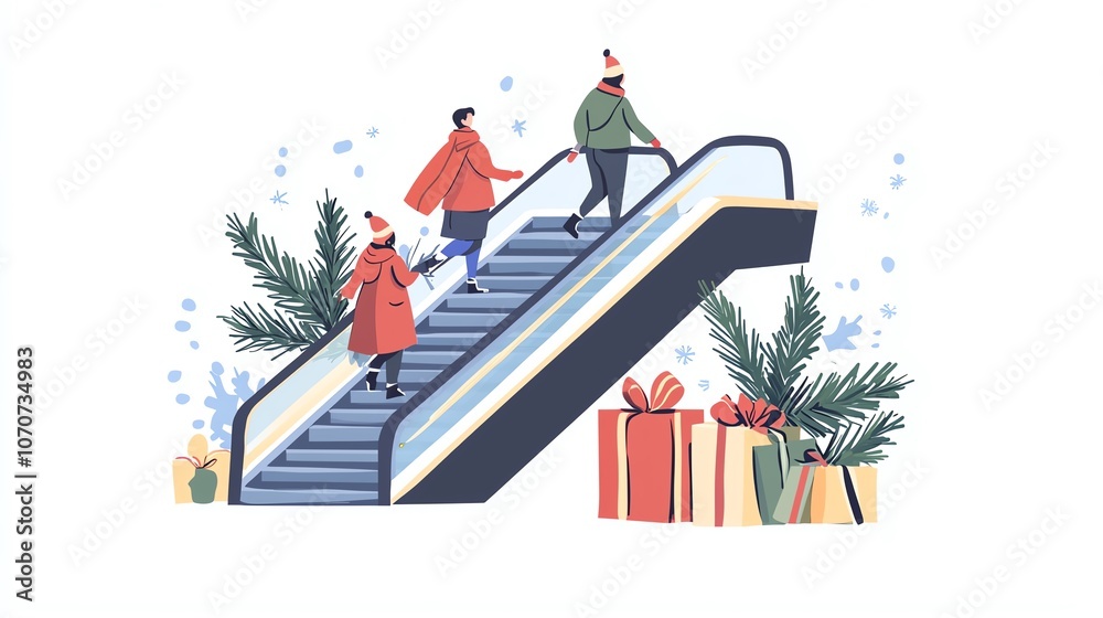Busy escalators in mall, holiday shoppers surrounded by Christmas decor, Christmas rush, festive shopping