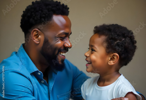 Handsome African American father in his 30s playing and smiling with his young son  photo