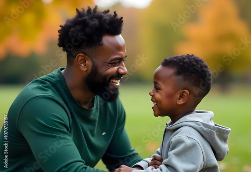 Handsome African American father in his 30s playing and smiling with his young son  photo