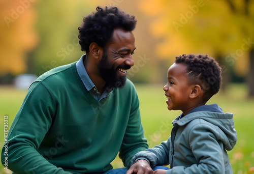 Handsome African American father in his 30s playing and smiling with his young son  photo