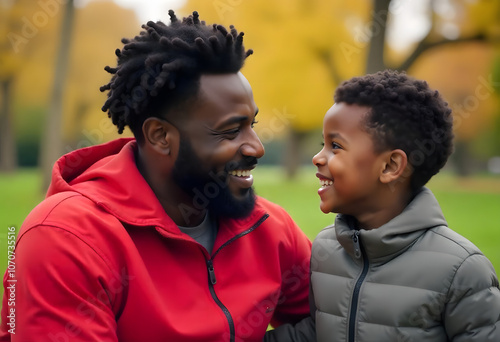 Handsome African American father in his 30s playing and smiling with his young son 