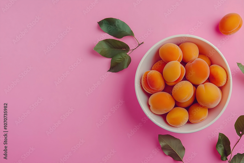 Fresh apricots arranged in a white bowl with green leaves on a pink background, ideal for summer fruit displays and recipes. Generative AI Fresh apricots arranged in a white bowl with green leaves on a pink background, ideal for summer fruit displays and recipes. Generative AI