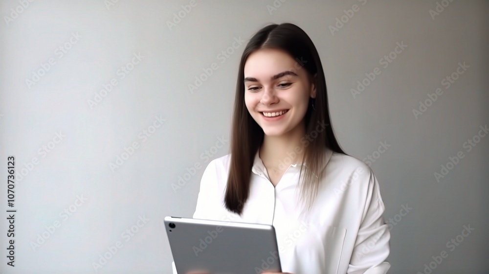 Young Woman Holding Tablet in Modern Setting Young Woman Holding Tablet in Modern Setting