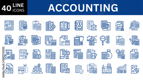 Set of 40 line icons related to accounting, audit, taxes. Outline icon collection. Business symbols. Editable stroke. Vector illustration