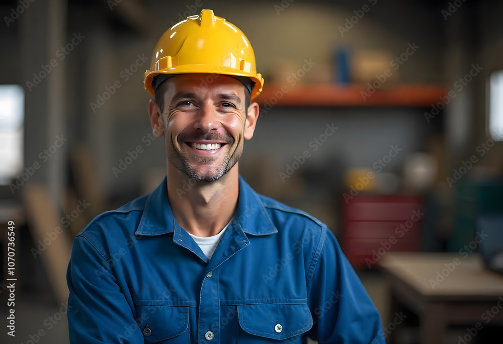 Happy middle aged man working in uniform inside of the small business factory with PPE safety plastic equipment Happy middle aged man working in uniform inside of the small business factory with PPE safety plastic equipment