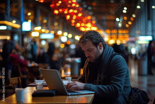 Man working on laptop in bustling cafe with warm lighting